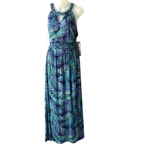 Berkley Jensen Women Braided Halter Maxi Dress M Blue Tropical Palm Stretch NWT‎